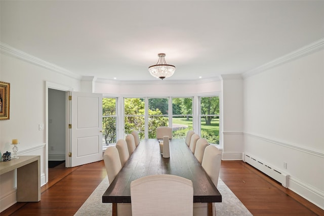 792-820 Old Post Rd, Bedford, NY 10506 - dining room featuring healthy amount of natural light, crown molding, dark wood finished floors, a baseboard radiator, and recessed lighting