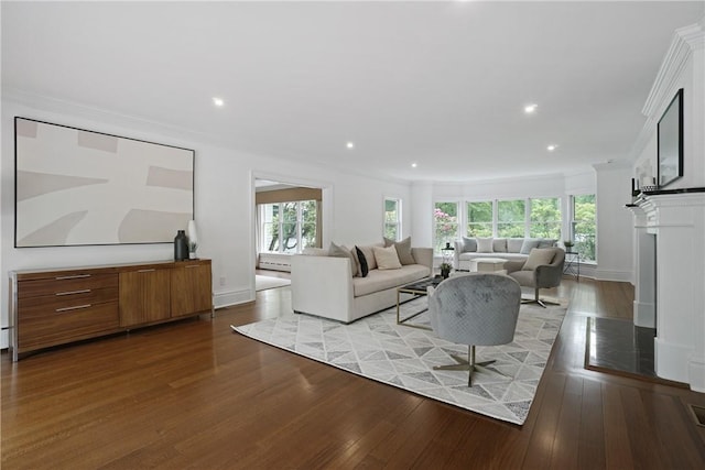 792-820 Old Post Rd, Bedford, NY 10506 - living room with healthy amount of natural light, light wood finished floors, crown molding, recessed lighting, and a fireplace with flush hearth