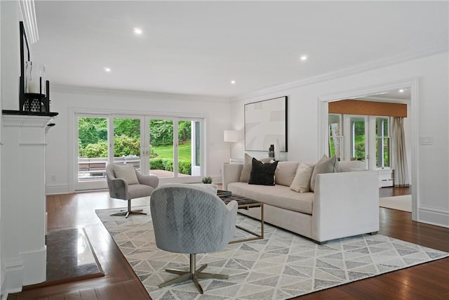 792-820 Old Post Rd, Bedford, NY 10506 - living area with french doors, ornamental molding, light wood-style flooring, baseboards, and recessed lighting