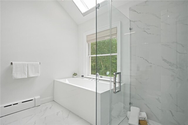 792-820 Old Post Rd, Bedford, NY 10506 - bathroom with baseboard heating, a skylight, a garden tub, marble look tiles, and a marble finish shower