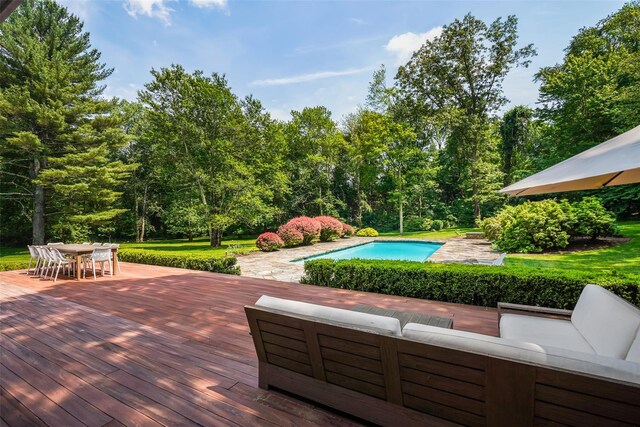 792-820 Old Post Rd, Bedford, NY 10506 - swimming pool featuring a wooden deck, outdoor lounge area, and outdoor dining space