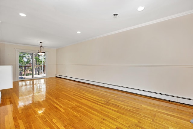 446 Joan Ct, West Hempstead, NY 11552 - empty room with crown molding, a chandelier, a baseboard radiator, light wood-type flooring, and recessed lighting