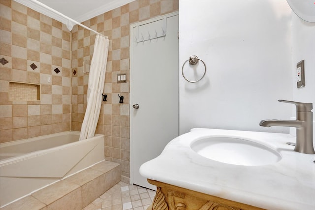 446 Joan Ct, West Hempstead, NY 11552 - full bathroom featuring shower / tub combo, crown molding, tile patterned flooring, and vanity