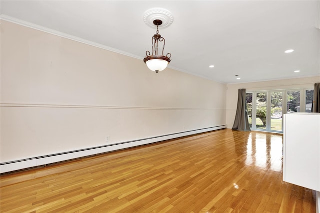 446 Joan Ct, West Hempstead, NY 11552 - empty room with crown molding, a baseboard heating unit, light wood finished floors, and recessed lighting
