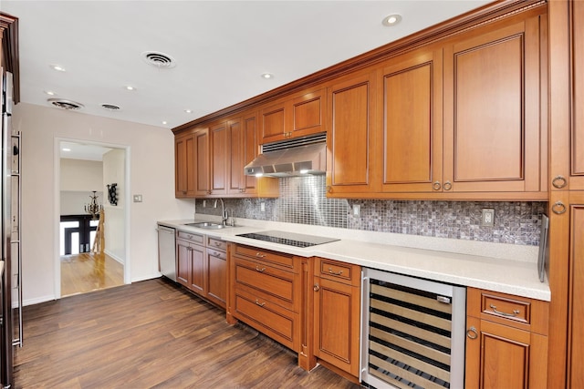 446 Joan Ct, West Hempstead, NY 11552 - kitchen with beverage cooler, extractor fan, black electric cooktop, stainless steel dishwasher, and decorative backsplash