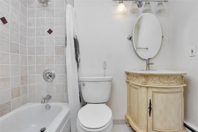446 Joan Ct, West Hempstead, NY 11552 - bathroom with vanity, shower / bathtub combination with curtain, and a baseboard heating unit