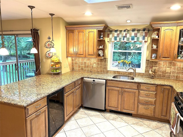 7 S Van Dyke Ave, Airmont, NY 10901 - kitchen featuring stainless steel appliances, open shelves, wine cooler, a peninsula, and recessed lighting