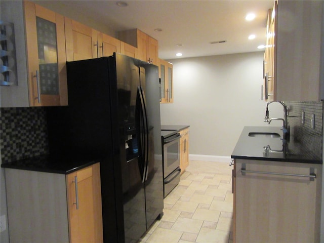 1 Brook Dr Unit 13, Washingtonville, NY 10992 - kitchen with stainless steel range with electric stovetop, decorative backsplash, recessed lighting, glass insert cabinets, and dark countertops