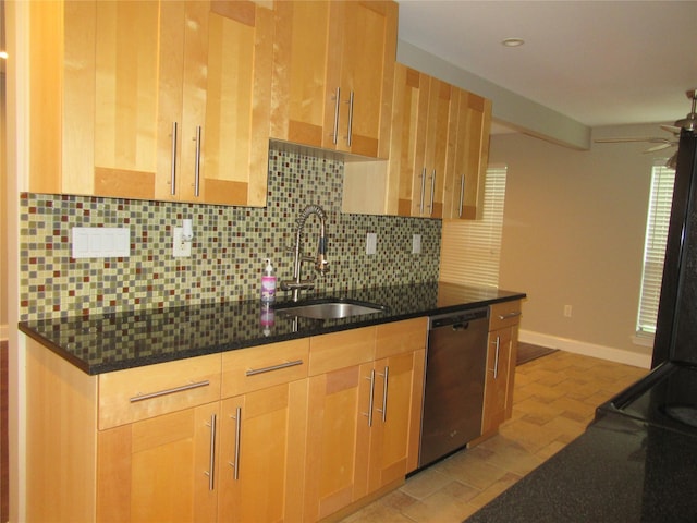 1 Brook Dr Unit 13, Washingtonville, NY 10992 - kitchen with stainless steel dishwasher, tasteful backsplash, dark stone countertops, ceiling fan, and light brown cabinets