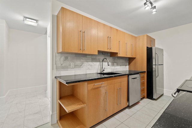 341 Furnace Dock Rd Unit 30, Cortlandt Manor, NY 10567 - kitchen with stainless steel appliances, dark stone counters, backsplash, and open shelves