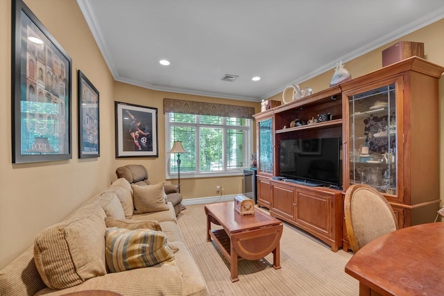 251 Wilmot Dr, Hewlett, NY 11557 - living area featuring ornamental molding, baseboards, recessed lighting, and light colored carpet
