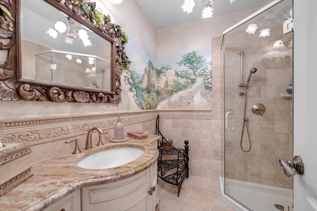 251 Wilmot Dr, Hewlett, NY 11557 - bathroom featuring a shower stall, vanity, tile patterned flooring, and a chandelier
