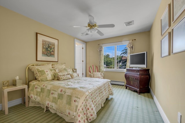 251 Wilmot Dr, Hewlett, NY 11557 - bedroom featuring a baseboard heating unit, carpet, baseboards, and ceiling fan