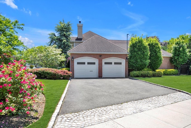 251 Wilmot Dr, Hewlett, NY 11557 - view of front facade with a front lawn, asphalt driveway, brick siding, roof with shingles, and an attached garage