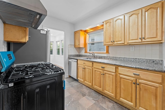 8043 Utopia Pkwy, Jamaica Estates, NY 11432 - kitchen featuring gas stove, ventilation hood, dishwasher, a sink, and decorative backsplash
