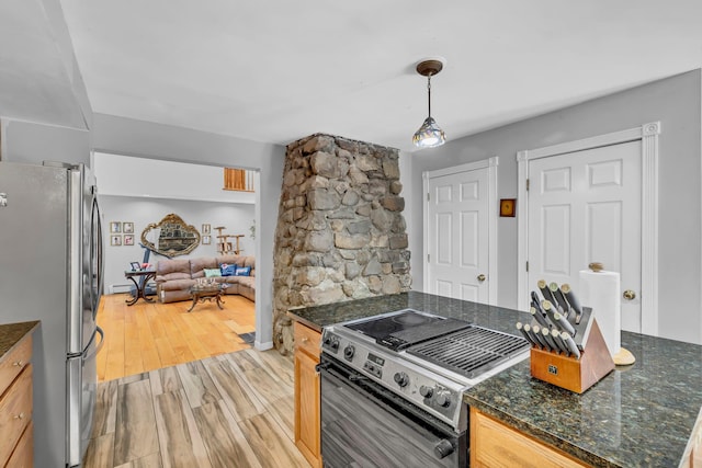 65 Oxford Springs Rd, Chester, NY 10918 - kitchen with freestanding refrigerator, range, light wood-type flooring, pendant lighting, and open floor plan