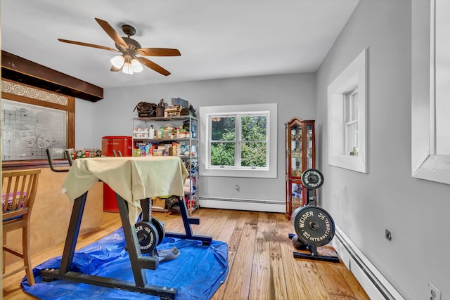 65 Oxford Springs Rd, Chester, NY 10918 - workout area featuring a baseboard radiator, hardwood / wood-style flooring, and ceiling fan