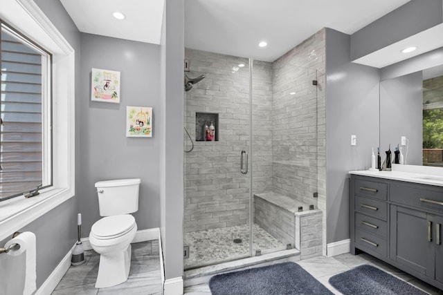 65 Oxford Springs Rd, Chester, NY 10918 - full bathroom featuring marble finish floors, vanity, a shower stall, and recessed lighting