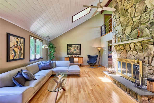 99 Dietz Rd, Jeffersonville, NY 12748 - living room with hardwood / wood-style floors, a ceiling fan, a skylight, high vaulted ceiling, and wooden ceiling