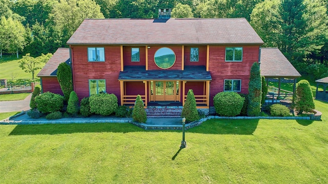 99 Dietz Rd, Jeffersonville, NY 12748 - chalet / cabin with a porch, a front lawn, and french doors