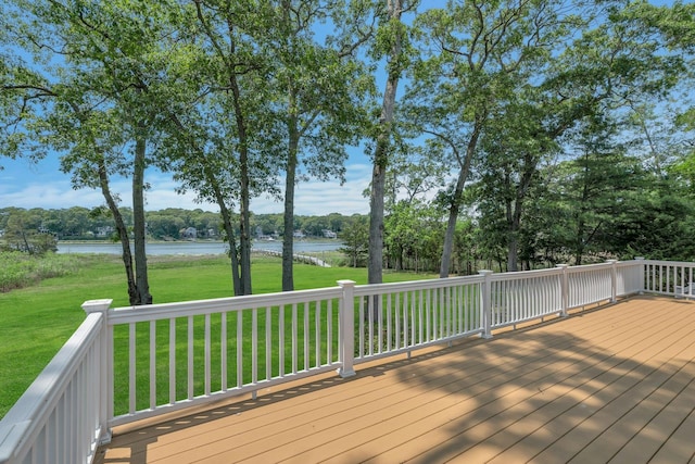 2000 Beebe Dr, Cutchogue, NY 11935 - wooden terrace featuring a water view, a yard, and view of wooded area