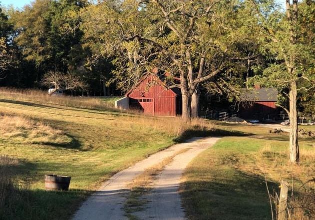view of dirt / gravel road featuring a barn