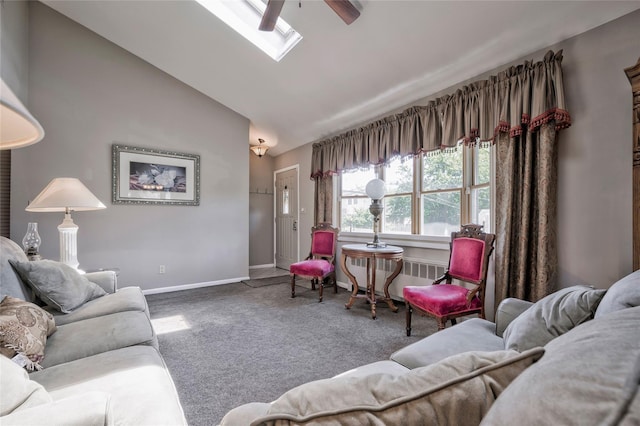 30 W 12th St, Huntington Station, NY 11746 - living area featuring ceiling fan, radiator, carpet flooring, lofted ceiling, and baseboards