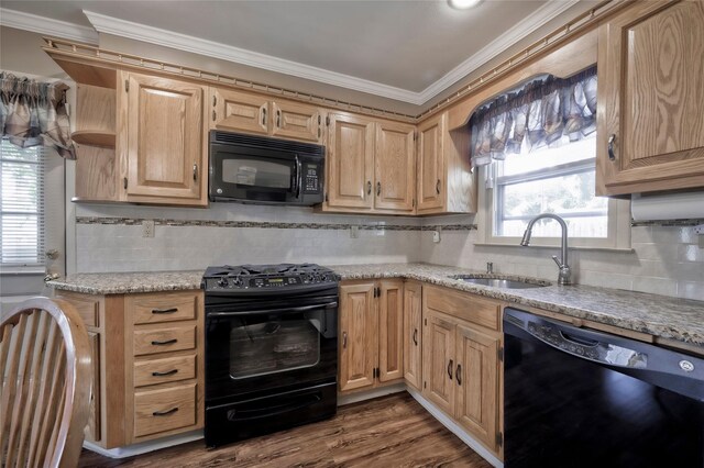 30 W 12th St, Huntington Station, NY 11746 - kitchen with black appliances, a sink, crown molding, tasteful backsplash, and light brown cabinetry