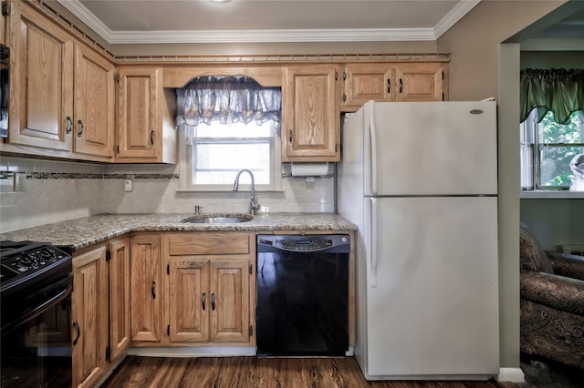 30 W 12th St, Huntington Station, NY 11746 - kitchen with black appliances, a sink, ornamental molding, healthy amount of natural light, and tasteful backsplash