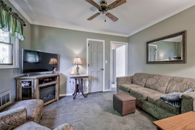 30 W 12th St, Huntington Station, NY 11746 - carpeted living area with ceiling fan, ornamental molding, and baseboards
