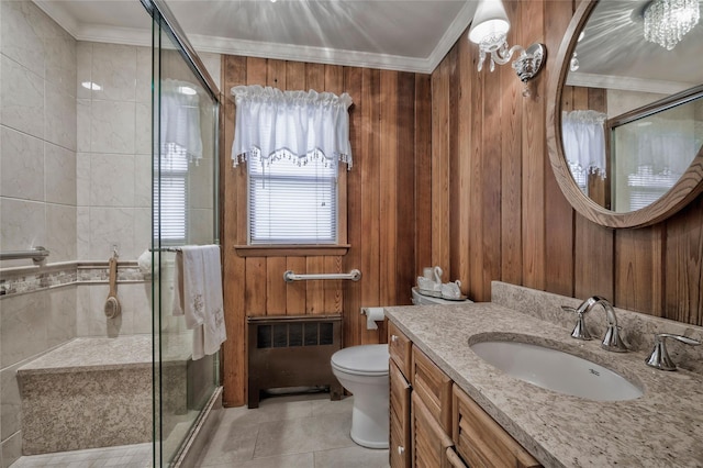 30 W 12th St, Huntington Station, NY 11746 - bathroom featuring vanity, toilet, a shower stall, tile patterned floors, and crown molding