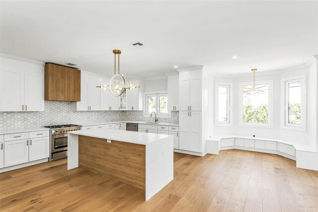 9 Vista Ln, Levittown, NY 11756 - kitchen featuring appliances with stainless steel finishes, crown molding, light wood-style flooring, white cabinets, and recessed lighting