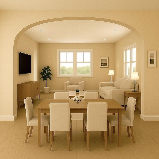 8 Newburgh Rd, Patterson, NY 12563 - dining space featuring arched walkways, recessed lighting, baseboards, and light wood finished floors