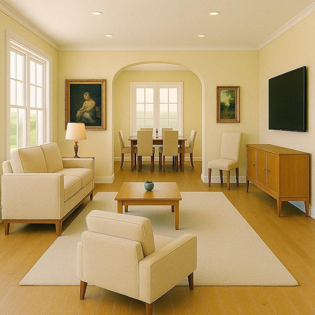 8 Newburgh Rd, Patterson, NY 12563 - living area featuring arched walkways, wood-type flooring, recessed lighting, crown molding, and baseboards