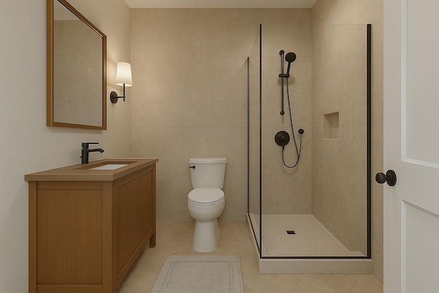 8 Newburgh Rd, Patterson, NY 12563 - full bath featuring a tile shower, vanity, toilet, tile patterned floors, and tile walls
