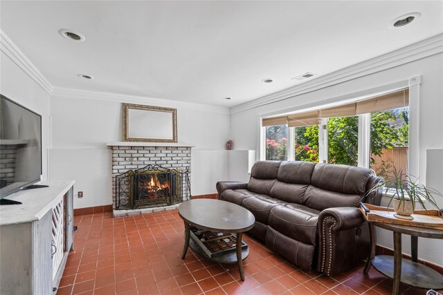 402 Chelsea Ave, West Babylon, NY 11704 - tiled living area with a brick fireplace and crown molding