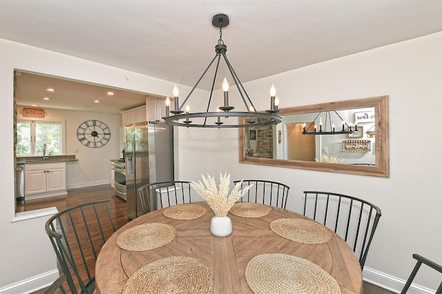 46 Gilbert St, Northport, NY 11768 - dining space featuring a chandelier, baseboards, recessed lighting, and dark wood-type flooring