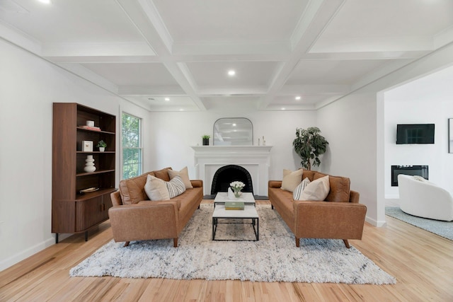 2850 Reeve Rd, Mattituck, NY 11952 - living room with a fireplace, wood finished floors, beam ceiling, coffered ceiling, and recessed lighting