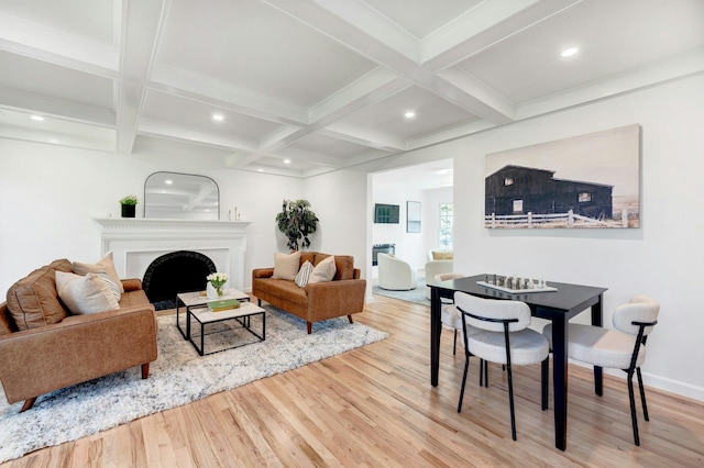 2850 Reeve Rd, Mattituck, NY 11952 - living room featuring wood finished floors, beam ceiling, coffered ceiling, recessed lighting, and a fireplace