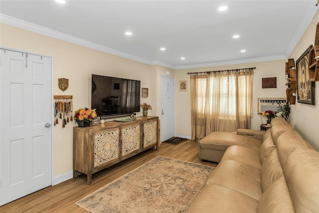 249-14 57th Ave Unit 259, Little Neck, NY 11362 - living area with wood finished floors, crown molding, recessed lighting, baseboards, and an AC wall unit