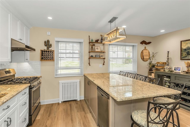 249-14 57th Ave Unit 259, Little Neck, NY 11362 - kitchen featuring stainless steel appliances, radiator heating unit, under cabinet range hood, a breakfast bar, and a peninsula