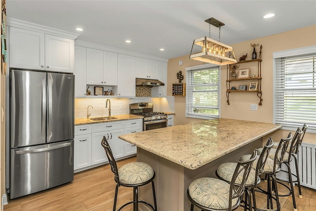 249-14 57th Ave Unit 259, Little Neck, NY 11362 - kitchen featuring appliances with stainless steel finishes, a sink, open shelves, light wood-type flooring, and recessed lighting