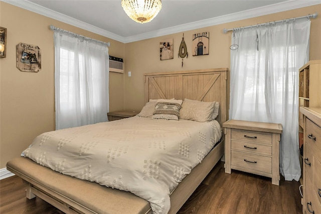 249-14 57th Ave Unit 259, Little Neck, NY 11362 - bedroom featuring dark wood-style flooring, crown molding, and a wall mounted AC