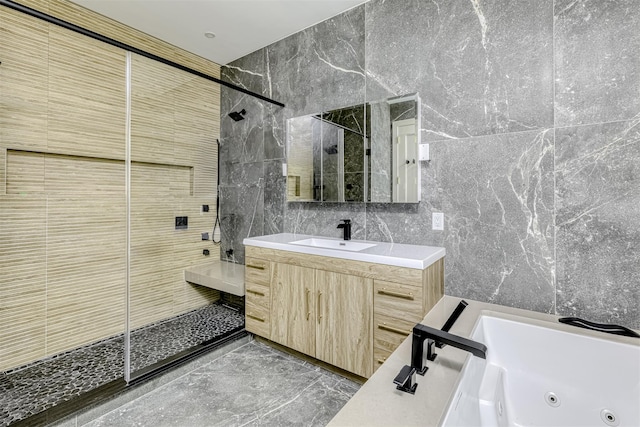 21 Dale Rd, Monsey, NY 10952 - full bath with tile walls, a shower stall, a tub with jets, vanity, and marble finish floors