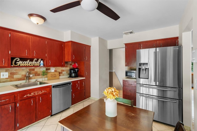 154 Meadow Lark Rd, Montgomery, NY 12549 - kitchen featuring stainless steel appliances, a sink, tasteful backsplash, a ceiling fan, and light tile patterned floors