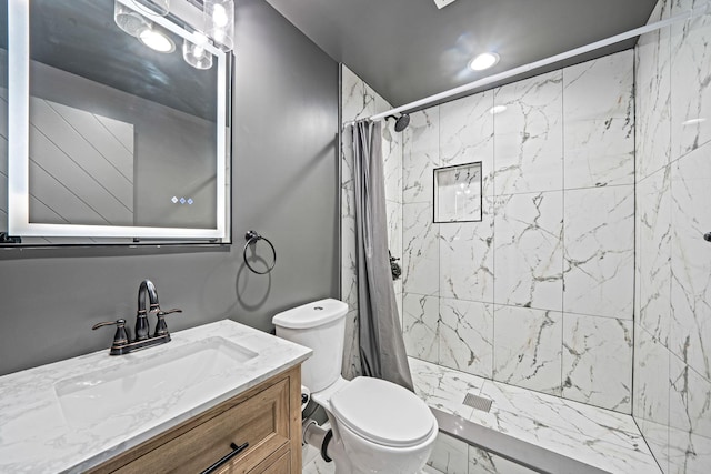 725 Miller Ave Unit 134, Freeport, NY 11520 - bathroom with vanity, toilet, a stall shower, recessed lighting, and marble finish flooring