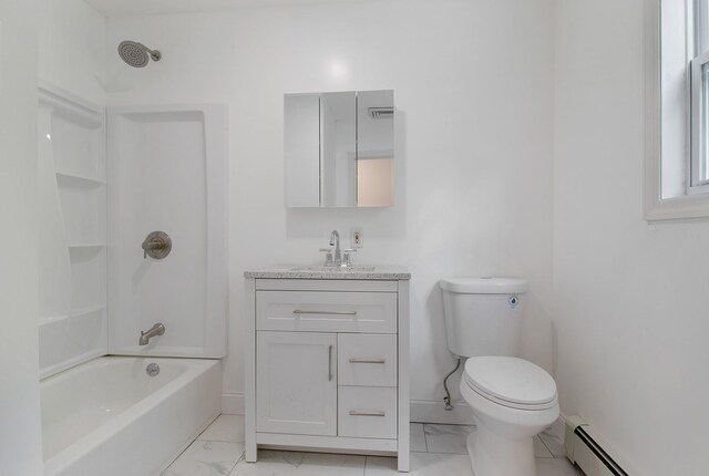 16 Sampson Ave, Islandia, NY 11749 - bathroom with a baseboard radiator, marble finish flooring, toilet, vanity, and washtub / shower combination