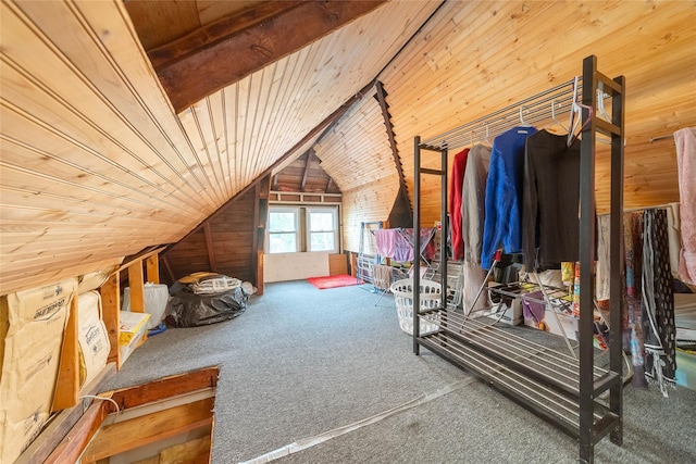 124-01 9th Ave, College Point, NY 11356 - bedroom with wood walls, lofted ceiling, carpet flooring, and wood ceiling