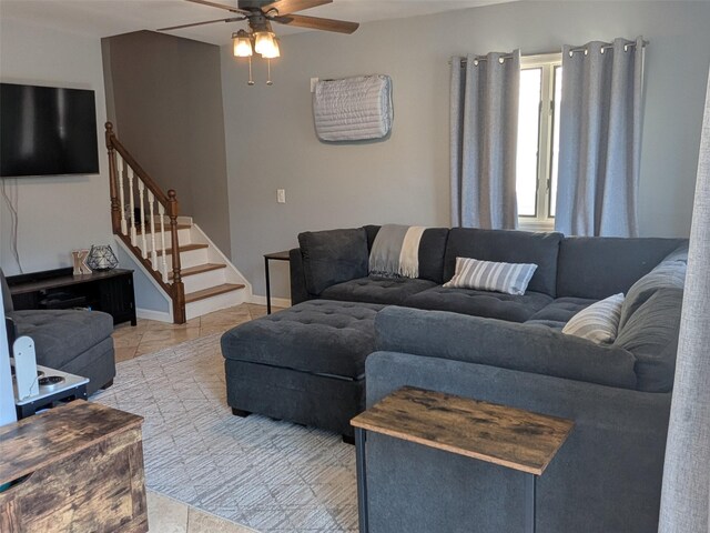 3403 Bay Front Dr, Baldwin, NY 11510 - tiled living room featuring ceiling fan and stairs