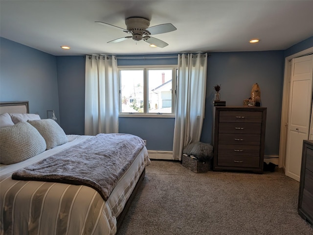 3403 Bay Front Dr, Baldwin, NY 11510 - carpeted bedroom featuring recessed lighting, baseboard heating, and a ceiling fan